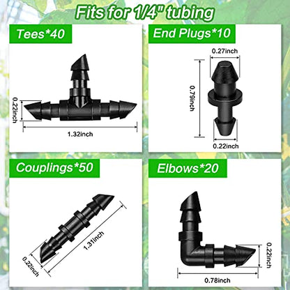 120 Pack Drip Irrigation Fittings Kit - Barbed Connectors for 1/4" Tubing,Includes 50 Couplings,40 Tees, 20 Elbows and 10 End Plugs for Drip or Sprinkler Systems - size: 120P-Irrigation Fittings Set
