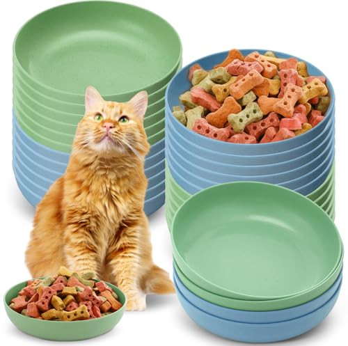Tioncy 24 Pcs Cat Food Bowl 5.5'' Fatigue Relief Shallow Cat Food Dish Wide and Small Pet Wet Plate Wide Stray Wet Feeding Bowl for Ferrets Feral Short Legged Kitten, Wheat Straw(Blue,Green,Classic) - color: Blue,Green, style: Classic