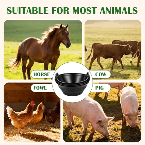 Rubber Feeder Pan, 3.1 Gallon Large Horse Feed Bucket, Heavy Duty Rubber Water Bowl for Livestock, Stackable Chicken Dust Bath Tub for Goats Livestock Animal Feeding Cats Dogs Pigs (6)