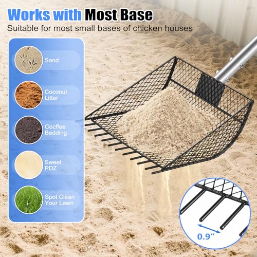 CAROD Chicken Poop Scooper & Rake 2-in-1, Metal Chicken Scoop with 24 to 68" Adjustable Stainless Steel Handle, Litter Scooper Sand Sifting Shovel Chicken Coops/Animals House - size: 10.0"L x 6.7"W x 68.0"H