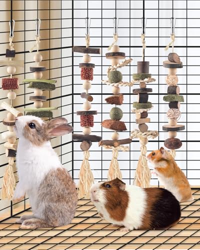 DBNESS 6PCS Bunny Chew Toys, Hamster Rabbit Cage Hanging Chew Toys, Natural Apple Wood Bunnies Treats, Improve Small Animal Teeth Health for Guinea Pig Chinchilla Ferret Rats Gerbil