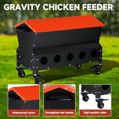 Heavy Duty Chicken Feeder 120 lbs Large Capacity, Metal Automatic Poultry Feeding Box with Waterproof Lid, Raised Standing Feeder with Wheels for Hens & Roosters, Portable & Easy to Move - color: Orange