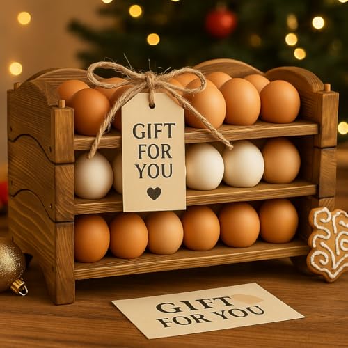 Egg Holder for Countertop, 3-Tier Wooden Rack, Holds 54 Fresh Eggs | Pulchrum rustic farmhouse pine organizer & display stand, stackable for kitchen counter or pantry, hard-boiled use, gift