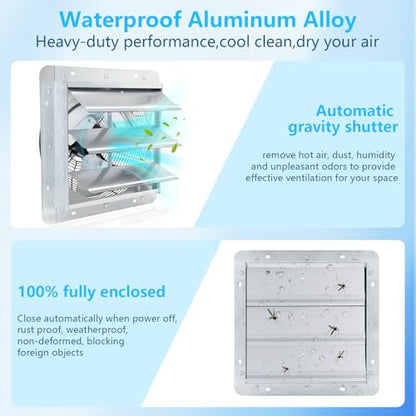 12 inch Shutter Exhaust Fan with Speed & Thermostat Control, 1400 SQ. Ft Coverage Area, 960 CFM, Upgrade Wall Mount Attic Vent Fan for Greenhouse, Garage, Chicken Coops Ventilation Fans - size: 12 inch