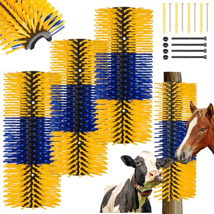 3 Pack Livestock Scratching Brush Itch Relief Horse Scratching Post Self-grooming Goat Scratcher with Durable Screws for Horse Pony Goat Sheep Pig Donkey (Blue and Yellow) - color: Blue and Yellow