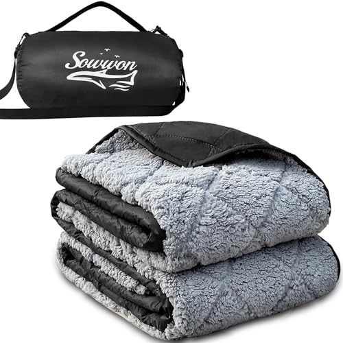 Waterproof Outdoor Blanket 82"x55" Large Sherpa Fleece 300GSM Black | Stadium Blankets for Camping, Packable, Windproof Emergency Throw for Grass Picnic Hiking Road Trip, Machine Washable - color: Sherpa Black-300 Gsm, size: 82"x 55"