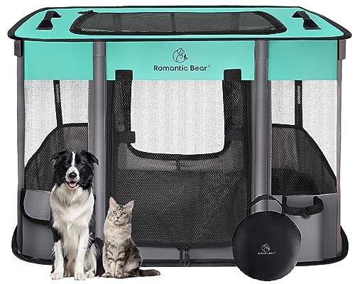 Dog Playpen,Pet Playpen,Foldable Dog Cat Playpens,Portable Exercise Kennel Tent Crate,Water-Resistant Breathable Shade Cover, Indoor Outdoor Travel Camping Use for Small Animals with Carrying Case(M) - color: Green, size: Medium(32"x24"x22")