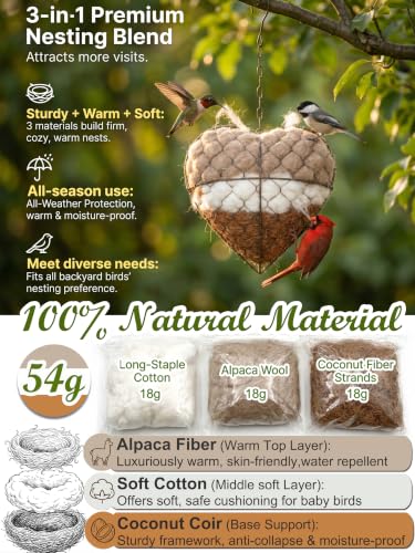 Star Shaped Handmade Alpaca Fiber Bird Nesting Holder, Refillable Natural Nesting Material for Wild Birds, Hummingbirds & Chickadees, Outdoor Garden Tree Decor, Gift for Bird & Nature Lovers