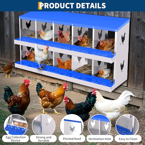 Garvee Chicken Nesting Box, 10 Compartment Nesting Boxes for Chickens, Easy to Clean and Install, Chicken Laying Boxes for Chicken Coop to Protect Eggs, Blue