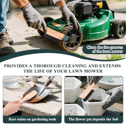 2 Pcs Lawn Mower Stiff Bristle Brush, Heavy Duty Hardstiff Bristle Brush with Scraper Wooden Handles Widely Used for Deck, Machine, Concrete Cleaning
