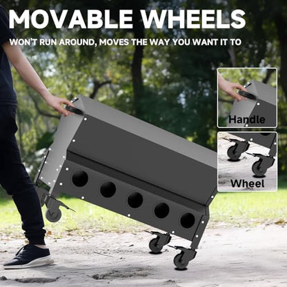 Portable Metal Chicken Feeder with Waterproof Lid, Freestanding Chicken Feeding Box with 150 lbs Large Capacity for Chickens, No Waste Gravity Poultry Feeder, 4 Lockable Wheels for Moving.