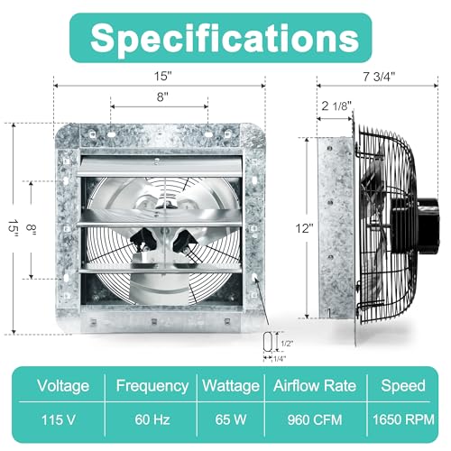 12 Inch Shutter Exhaust Fan with Thermostat and Speed Controller, Wall Mounted Vent Fan for Attic, Greenhouse, Shed, Garage, Chicken Coop, Shop Ventilation, 960 CFM, 1400 SQF Coverage Area - size: 12 Inch