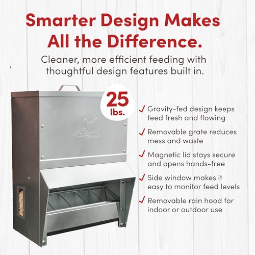 RentACoop Metal Trough Feeder with Lid & Rain Cover – Galvanized Steel, Gravity-Fed, Side View Window, Adjustable Grate for Easy Cleaning – Suitable for Chickens, Ducks, Poultry & More – 25lb Capacity - size: 25LB Capacity