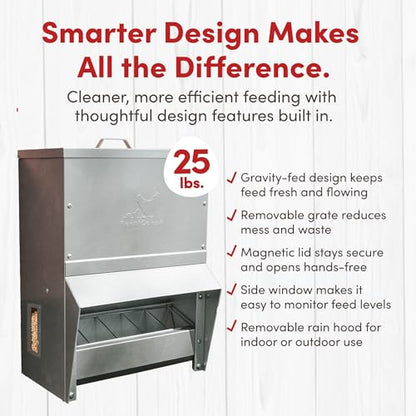 RentACoop Metal Trough Feeder with Lid & Rain Cover – Galvanized Steel, Gravity-Fed, Side View Window, Adjustable Grate for Easy Cleaning – Suitable for Chickens, Ducks, Poultry & More – 25lb Capacity - size: 25LB Capacity