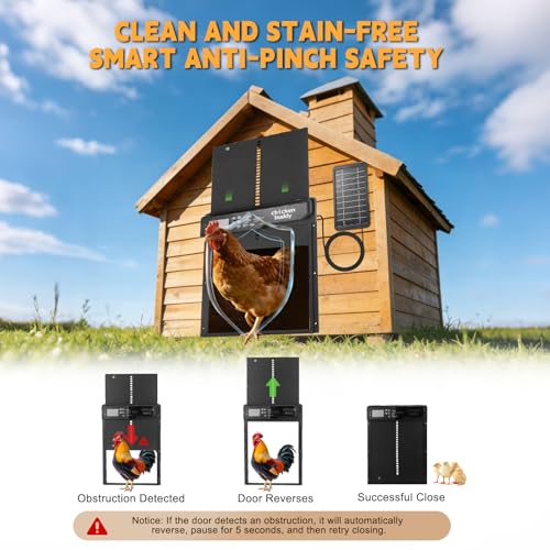 Solar Automatic Chicken Coop Door Opener, Auto Chicken Door with Timer and Light Sensor, Safe & Smart Operation with Obstacle Detection