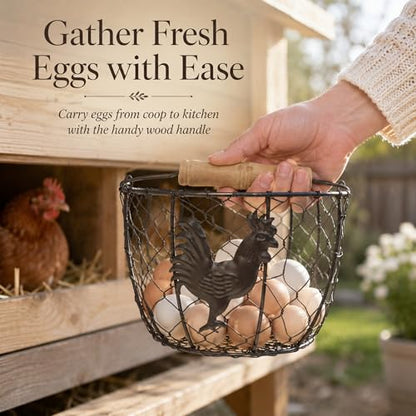 3 Pack 8 Inch Egg Basket for Gathering Fresh Eggs, Farmhouse Wire Holder with Wood Handle, Rustic Metal Round Countertop Storage with Rooster Pattern for Chicken Coop, Kitchen and Pantry
