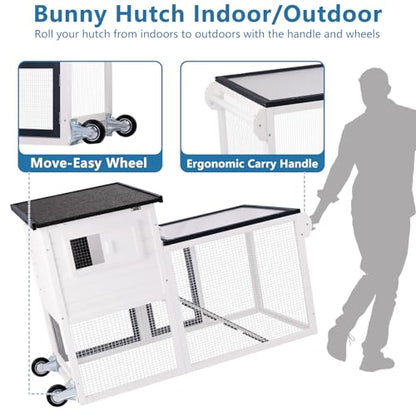 Rabbit Hutch Indoor Outdoor Bunny Cage, Weather Resistant Openable Roof, Slide Out Tray, Handle & Rolling Wheels, Chicken Coop, 48.05" L x 26.02" W x 34.3" H, White - color: White
