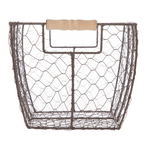 Decorative Brown Chicken Wire Basket with Wood Handles. 12.2x8x7.28