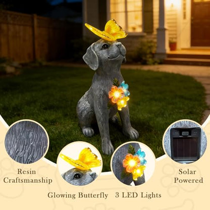 Dog Garden Statue Solar Butterfly, Dogs Figurines with Lantern Outdoor Patio Yard Decor Ideal Birthday Housewarming Gifts ,Dad Mom Grandma Dog Lovers, Beautifully Crafted Decorations to Wow Guests - style: grey dog