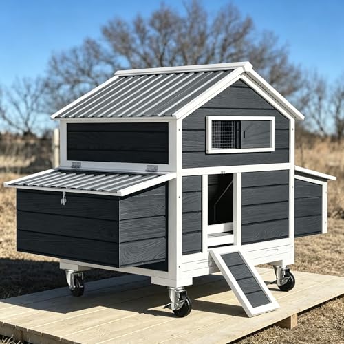 Chicken Coop on Wheels, Large Mobile Wooden Hen House for 4-6 Chickens, Outdoor Poultry Cage with Nesting Box, Chicken House for Outside Farm Backyard - size: 60.2"L x 35.4"W x 57.8"H