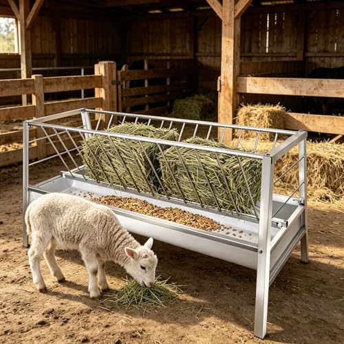 Heavy Duty 2 in 1 Hay Feeder, 59 Inch Weather Resistant Galvanized Steel Feeding Trough, Detachable Deep Pan Hay Grain Feeder, Easy to Assemble Outdoor Farm Feeder for Goats Sheep Calves