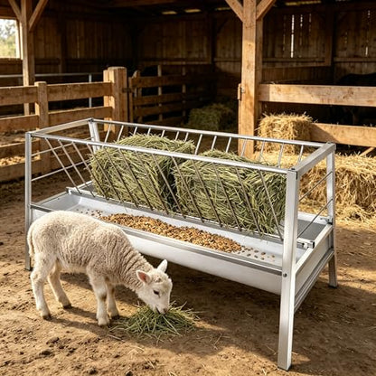 Heavy Duty 2 in 1 Hay Feeder, 59 Inch Weather Resistant Galvanized Steel Feeding Trough, Detachable Deep Pan Hay Grain Feeder, Easy to Assemble Outdoor Farm Feeder for Goats Sheep Calves