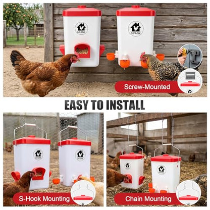 Chicken Feeder and Waterer Set,Hanging Chicken Waterer 3 Gallon | Poultry Water Feeder with Nipples and Feeding Ports No Waste,Chicken Coop Accessories