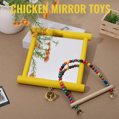 Chicken Mirror Toys Extra Large Chicken Enrichment Toys for Coop 10.6 x 10 Inch Wooden Hanging Swing Mirror with Bell Yellow Coop Pecking Accessories Molar Stones