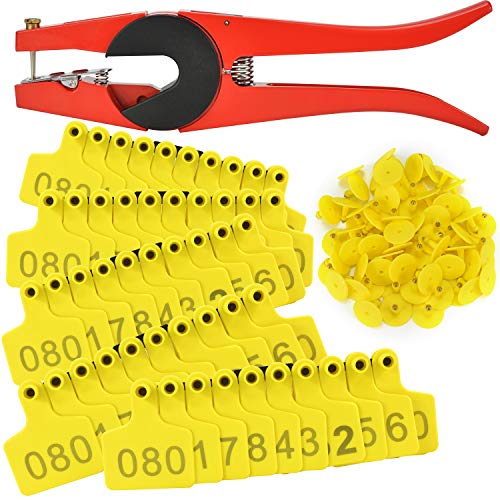 100 Sets Cattle Ear Tags, Numbered Plastic TPU Earring for Cattle Cow Calf Bull Livestock Identification Ear Tagger (Yellow) with 1 pcs Plier Applicator