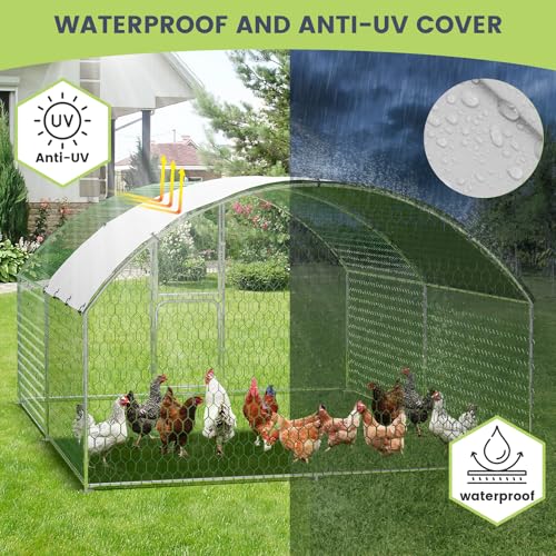 Large Metal Chicken Coop, Walk-in Poultry Cage, Large Chicken Run with Waterproof & Anti-Ultraviolet Cover, Chicken House with Double Lockable Doors for Outdoor 9.8x13.1x6.6Ft - size: 9.8' W x 13.1' D x 6.6' H