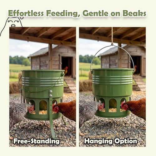 Metal Chicken Feeder No Waste - 20LB Large Chicken Feeder with 12 Ports & 4 Adjustable Heights Tripod Stand, Automatic Hanging Poultry Feeder, Rainproof for Backyard Chickens & Small Flocks - color: green