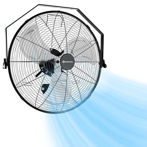 Comfort Zone 20-inch Industrial High Velocity Fan – Heavy Duty All-Metal Floor & Wall Mount Fan, 3-Speed High Power Cooling for Garage, Workshop, or Warehouse – Sealed Motor & Balanced Aluminum Blades