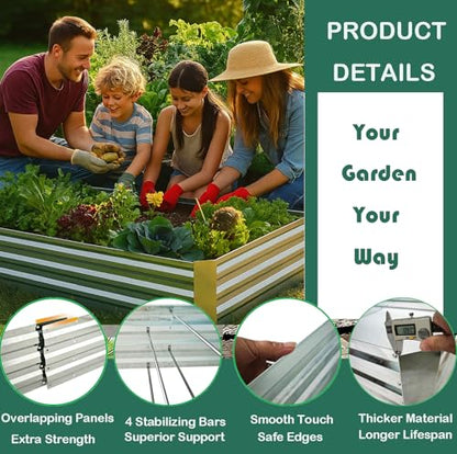 Galvanized Raised Garden Bed (8x4x1ft) – Overlapping 4-Inch Panels + 4 Support Bars, Heavy-Duty Metal Planter Box for Vegetables, Herbs, Flowers, No-Deformation Steel Garden Kit - size: 8x4x1ft (1 PC)