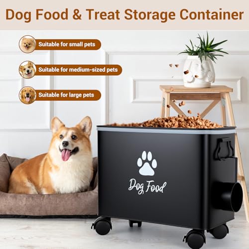 Dog Food Container 13lb, Cute Airtight Pet Food Storage Containers with Metal Lid Scoop, Black Metal Storage Bin for Dog/Cat with Wheels,Easy to Move - color: Black-L