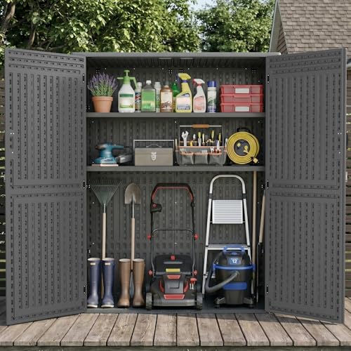 EHHLY Vertical Resin Storage Shed with 2 Shelves, 60 Cuft Garden Tool Sheds & Outdoor Storage, Plastic Outdoor Storage Cabinet Waterproof, 4.5 x 2.3 ft Backyard Outside Lawn Mower Storage Shed, Grey - color: Gray, size: 60 Cuft/2 Shelves