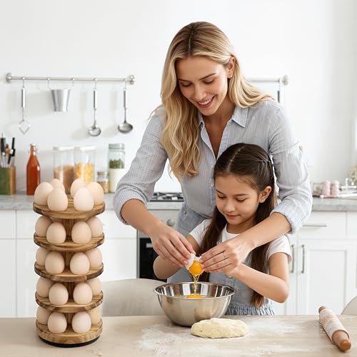 Wooden Fresh Egg Holder Countertop, 5 Layer Rotating Countertop Egg Holder for Fresh Eggs, Stackable with 30 Eggs for Countertop Kitchen, Pine - color: Natural