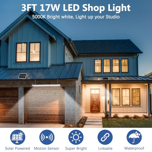 2-Pack 3FT Solar Shop Light with Motion Sensor, 18W Solar Powered Integrated LED IP65 Waterproof Outdoor Security Light for Garage, Barn, House - size: 2PK