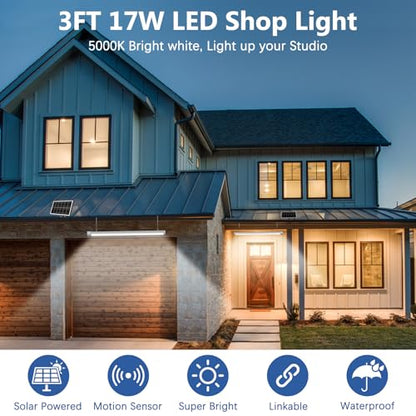 2-Pack 3FT Solar Shop Light with Motion Sensor, 18W Solar Powered Integrated LED IP65 Waterproof Outdoor Security Light for Garage, Barn, House - size: 2PK