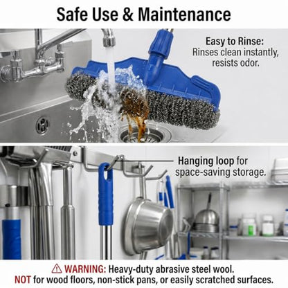 Stainless Steel Scrubber with 48" Long Handle, Heavy Duty 12.6" Widened Wire Mesh Broom for Commercial Kitchen, Garage Floor Oil Stain, Outdoor Patio, Griddle Cleaner, Pack of 1 Pole & 2 Refills
