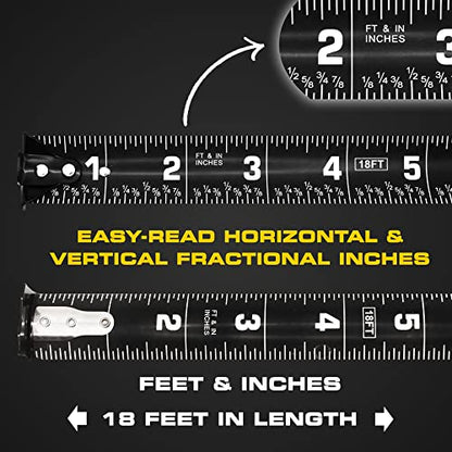 Perfect Measuring Tape - BrightLine High Contrast Dark Mode Easy Read Tape Measure for Low Light Visibility - Heavy Duty Rubber Case 18ft (Inch Fractions) Dual Sided Auto Lock Tape Measure Retractable - color: Black