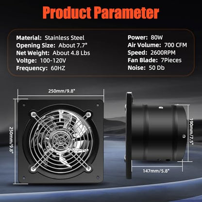 8 Inch Exhaust Fan with Speed Controller, 700CFM Wall Mount Exhaust Fan for Kitchen, Metal Ventilation Extractor Fan with Damper for Bathroom, Garage, Attic, Shop, Pet Room, Smoking Room, Basement - size: 8 Inch