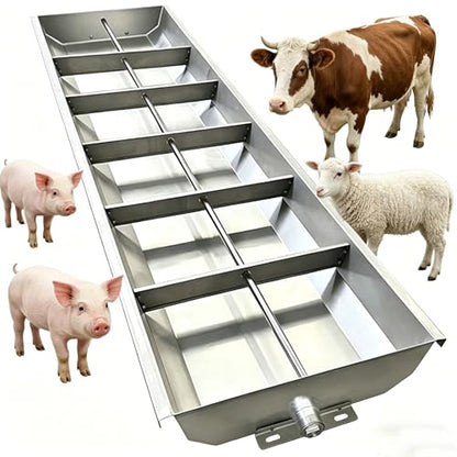 2 in 1 Livestock Feed Trough for Pig Sheep Cattle, 79in Hog Feeder Livestock Feed, Heavy Duty Stainless Steel, Separated Fence Feeder Trough, Sloped Opening and Easy to Eat,Silver,200cm