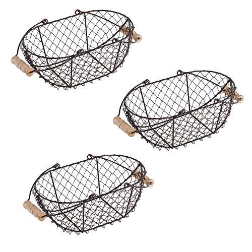 10" Oval Wire Basket with Wooden Handles - Vintage Style - By Trademark Innovations (Set of 3)