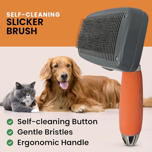 GoPets Self-Cleaning Slicker Brush for Dogs & Cats, Deshedding & Dematting Comb with Retractable Bristles, Undercoat Tool for Long Haired Dogs, Non-Slip Handle, Detangler for Mats & Shedding Fur - style: Slicker Dematting Comb