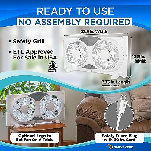 Comfort Zone 9-Inch Smart WiFi Twin Window Fan – 3-Speed Dual Blade Fan with App & Voice Control, Reversible Exhaust, Cooling & Circulate Modes, Expandable 23.5" to 37", Bug Screen - color: White, size: 9 inch (3-Speed w/WiFi)