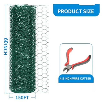 60'' x 150' Green Chicken Wire Fencing, 1 inch Chicken Wire and 19 Gauge Poultry Netting, Garden Mesh Fence Roll for Floral Arrangements/Crafts/Farm/Livestock/Pet Protection - size: Green /19 Gauge 60" x150'