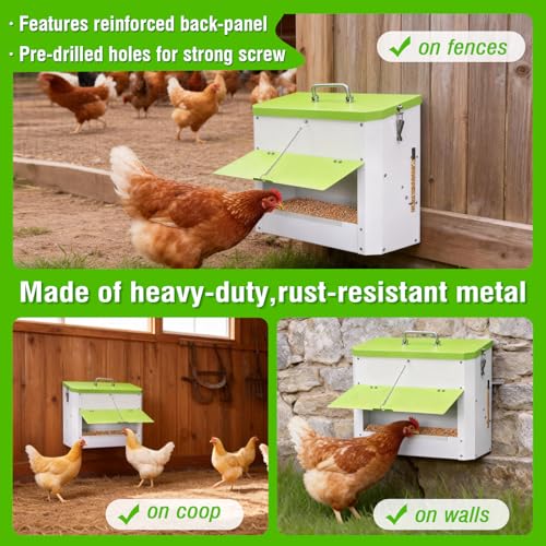 Hanging Chicken Feeder No Waste,20LBs Metal Chicken Feeder with Rainproof Cover & Lockable Flip-Door,Wall-Mount Heavy Duty Feeder for Chicken Coop and Outdoor Use