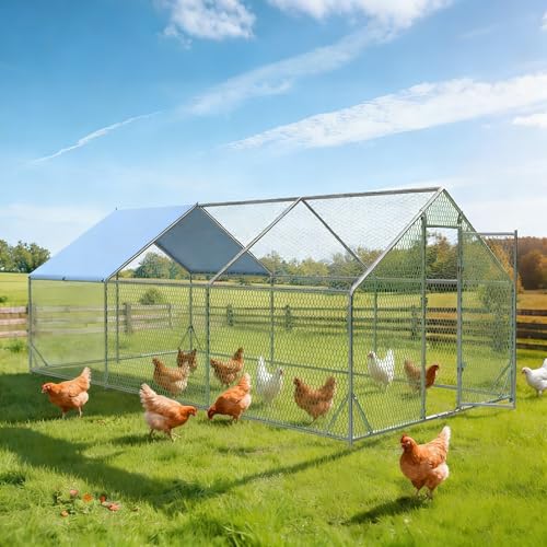 EUNHOO Large Chicken Coop with Run, 19.6x9.8x6.4ft Heavy-Duty Outdoor Chicken Pen with Peaked Roof & Waterproof UV-Resistant Cover, Walk-in Small Animal Poultry Enclosure for Backyard Farm Yard - color: Peak Roof, size: 236.3"L x 118.0"W x 78.0"H