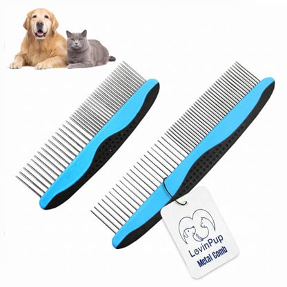 Pet Metal Comb for Dogs and Cats (2-Pack) - Stainless Steel Rounded Teeth for Painless Detangling - Dual-Spacing for Small & Large Pets with Comfort Grip Handle - Professional Grooming Tools - size: Comb