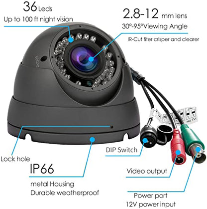 2MP Analog CCTV Camera 4-in-1 (TVI/AHD/CVI/960H/CVBS) Security Camera Grey | 2.8-12mm Varifocal Lens Analog Video Surveillance, Wide Angle Viewing Day & Night Indoor Outdoor Waterproof - color: Black